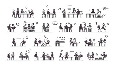 Web icon in the line style for a meeting. Team meetings, conferences, seminars, interviews, and collection Illustrations in vector