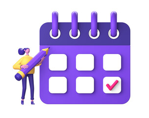 purple illustration icon of 3D character holding pencil with calendar date time for UI UX design