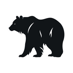 Wild bear silhouette. Walking brown bear. Simple black silhouette graphic. Cartoon style. Vector illustration on white isolated background. Perfect for logo, shirts, camping signs