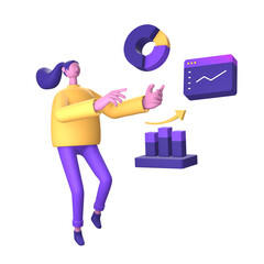 purple illustration icon of 3D character Infographic statistics with bar chart and pie chart for UI UX design