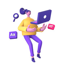 purple illustration icon of 3D character using a laptop to work for UI UX social media ads design