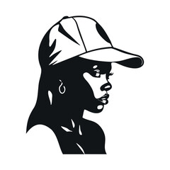 Black woman face. Portrait of african american woman with cap on head. Natural hairstyle. Simple black silhouette graphic. Cartoon style. Vector illustration on white isolated background.