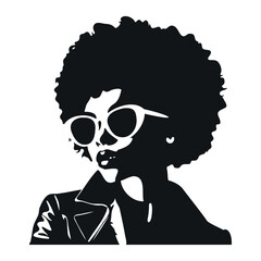 Black woman on sunglasses. Portrait of african american woman with natural hairstyle. Simple black silhouette graphic. Cartoon style. Vector illustration on white isolated background.