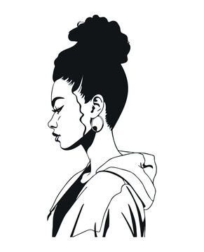 Black Woman Face. Portrait Of African American Woman With Pretty Face. Afro Messy Bun Hairstyle. Simple Black Silhouette Graphic. Cartoon Style. Vector Illustration On White Isolated Background.