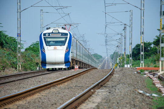 Pune, India - July 09 2023: The Solapur Mumbai Vande Bharat Express Train heading towards Mumbai, shot at Kedgaon near Pune India.