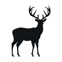 Black silhouette of a deer. Big horns wild animal. Simple black silhouette graphic. Cartoon style. Vector illustration on white isolated background.