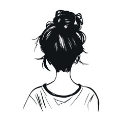 Fototapeta premium Girl with messy bun hair, back view. Messy bun hairstyle from behind. Simple black silhouette graphic. Cartoon style. Vector illustration on white isolated background.