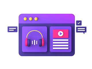 3d purple illustration icon of streaming music and video for UI UX social media ads design