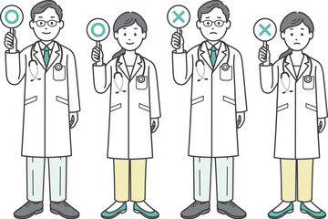 ⚪︎と&times;の札を上げる医師男女