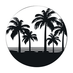 Obraz premium Retro sunset with palm trees silhouettes in the style of the 80s and 90s. Abstract background.Vector design template for logo, badges. Isolated white background.