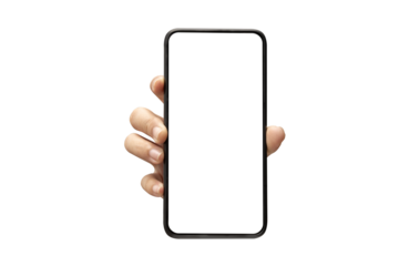 Young woman hand holding mobile smartphone with blank screen isolated on white background