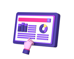 3d purple illustration icon of using tablet phone for business job with hand gesture side for UI UX social media ads design