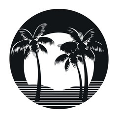 Retro sunset with palm trees silhouettes in the style of the 80s and 90s. Abstract background.Vector design template for logo, badges. Isolated white background.