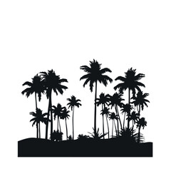 Palm trees silhouettes in the style of the 80s and 90s. Beach scene. Abstract background. Vector design template for logo, badges. Isolated white background.