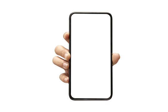 Young woman hand holding mobile smartphone with blank screen isolated on white background