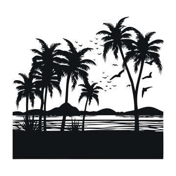 Palm trees silhouettes in the style of the 80s and 90s. Beach scene. Abstract background. Vector design template for logo, badges. Isolated white background.