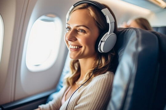 Young woman with laptop and headphones listening to music on the plane during the flight. Generative AI