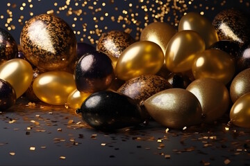 Naklejka premium Golden Balloons Floating on a Confetti-Filled Background, Ideal for New Year's Panels, Photography, and Capturing the Beauty of Joyous Moments. Generative AI