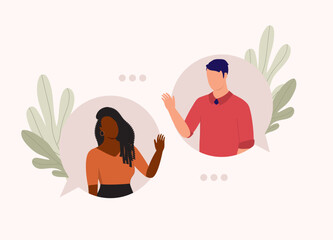 Mixed-Race Young Couple With White Man And Black Woman Inside Of Online Chat Bubble Communicating With Each Other. Flat Design Style, Character, Cartoon.