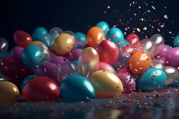 Flying Multicolored Balloons on a Confetti Background, Perfect for New Year's Panels, Photography, and a Beautiful Party Ambience. Generative AI