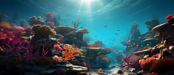 Fototapeta na wymiar an underwater scene of a coral reef and a diver Generated by AI