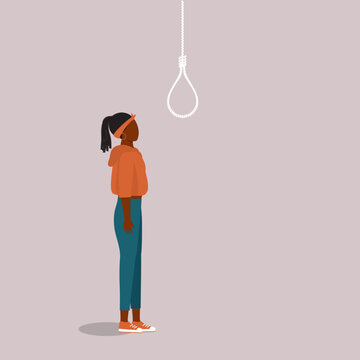 Depressed Teenage Black Girl Standing And Looking At The Rope Is About To Commit Or Attempt A Suicide By Hanging Herself. Full Length. Flat Design Style, Character, Cartoon.