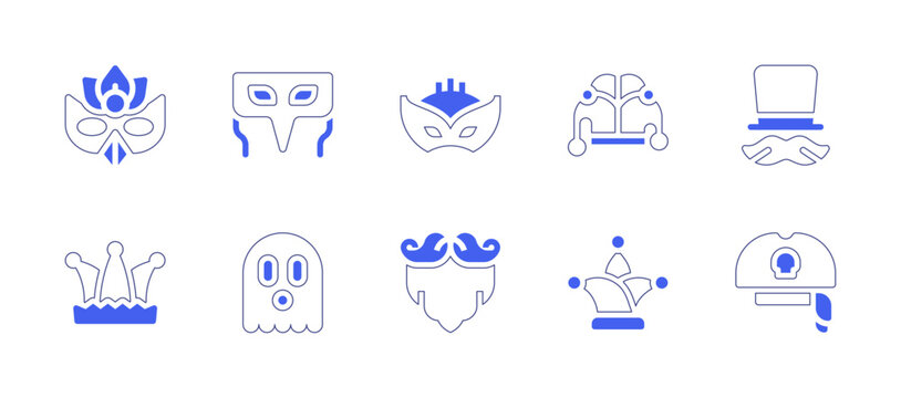 Costume party icon set. Duotone style line stroke and bold. Vector illustration. Containing mask, carnival mask, jester hat, birthday and party, joker, costume, mustache, buffoon, pirate hat.