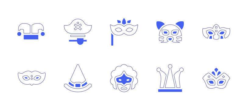Costume party icon set. Duotone style line stroke and bold. Vector illustration. Containing hat, pirate hat, masquerade, costume, carnival mask, mask, witch hat, joker hat.