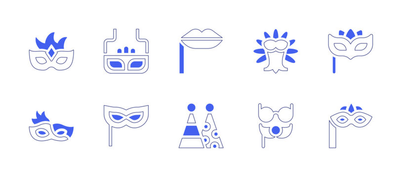 Costume party icon set. Duotone style line stroke and bold. Vector illustration. Containing party mask, mask, kiss, carnival, eye mask, carnival mask, party hat, moustache.