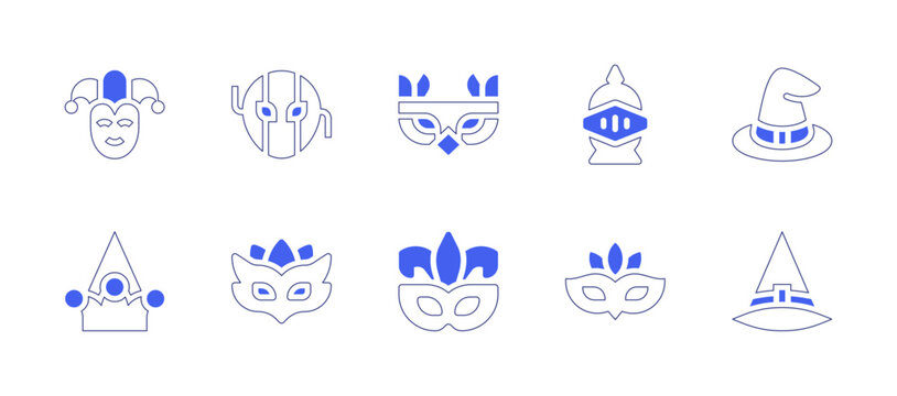 Costume party icon set. Duotone style line stroke and bold. Vector illustration. Containing carnival mask, moretta, mask, knight, witch hat, party hat.