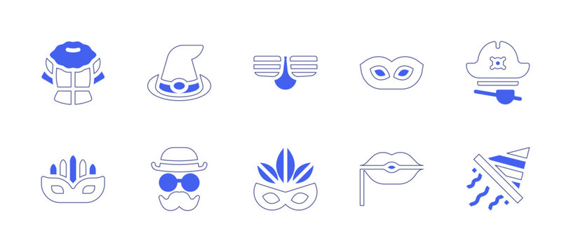 Costume party icon set. Duotone style line stroke and bold. Vector illustration. Containing dress, carnival, costume, mask, pirate hat, eye mask, party mask, lips, party hat.