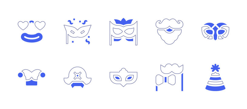 Costume party icon set. Duotone style line stroke and bold. Vector illustration. Containing costume, mask, carnival mask, beard, hat, pirate hat, party hat.