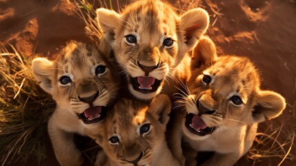Baby Lions Looking up at Camera during Golden Hour Sunset