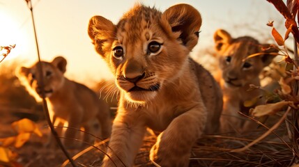 Baby Lions Running and Playing during Golden Hour Sunset