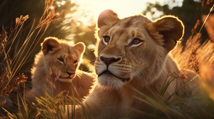 Female Lions Relaxing during Golden Hour Sunset