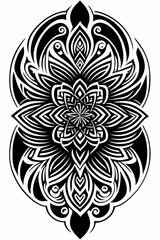black and white mandala design, Symmetry, floral, glare, black and white, white background, no background, ink fine line art stylized, vector, design for tattoo, tribal pattern, islander design