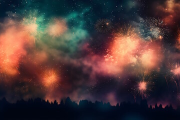 Enchanting New Year's Skyline: Vibrant Fireworks Display Illuminating the Night with Magical Splendor. Generative AI
