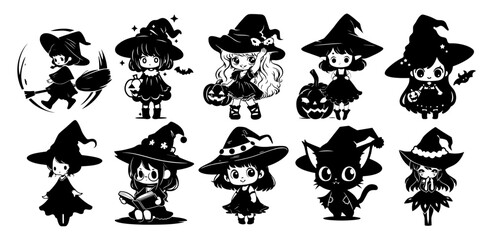 Set of cute kawaii witches with pumpkin. Black little witch silhouette. Anime spooky cartoon style. Halloween trick or treat funny characters. Vector flat illustration isolated on white background.