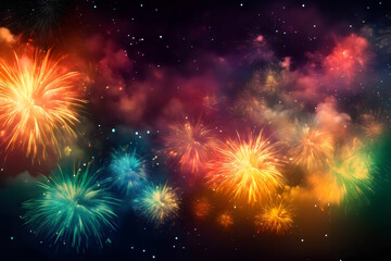 Fototapeta premium Enchanting New Year's Skyline: Vibrant Fireworks Display Illuminating the Night with Magical Splendor. Generative AI