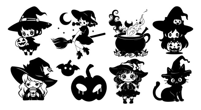 Cute kawaii collection of halloween witches, pumpkin, cat, witch potion. Black silhouette. Anime cartoon style. Trick or treat funny characters. Vector flat illustration isolated on white background.