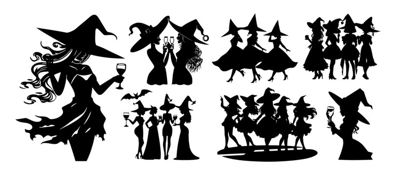 Set of dancing and drinking witches at a Halloween party. Women in witch costume. Black silhouette. Hand drawn cartoon style. Vector flat illustration isolated on white background.
