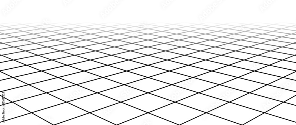 Poster Fading diagonal wireframe grid. Vanishing checkered tile floor landscape. Horizontal chessboard plane in perspective. Black and white flat lattice surface background. Vector illustration 