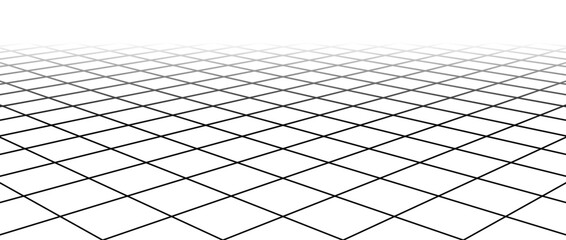 Fading diagonal wireframe grid. Vanishing checkered tile floor landscape. Horizontal chessboard plane in perspective. Black and white flat lattice surface background. Vector illustration 