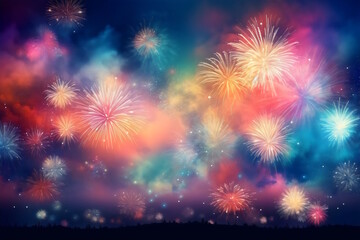 Fototapeta premium Midnight Fireworks Spectacle: A Vibrant Celebration to Welcome the New Year with Joy and Splendor. Generative AI