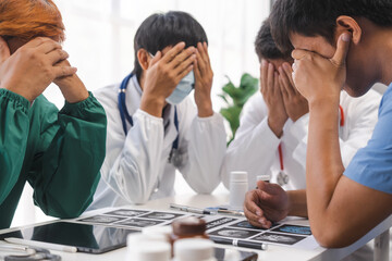 stress and depression talking about empathy. Health Care Doctors and medical people group meeting teams discuss communication strategies. virus or surgery in hospital, Friendly medic service people.