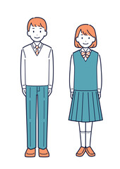 正面を向いて立つ学生の男女＿全身