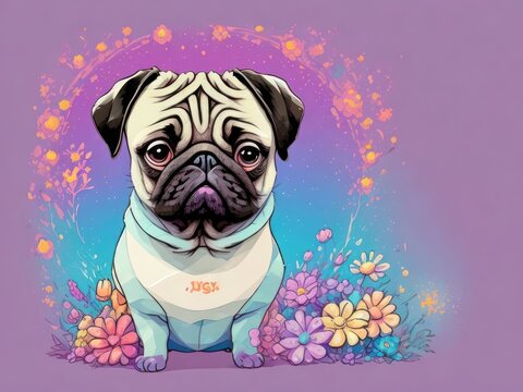 pug with colorful flower painted with watercolors on a white background.generative AI