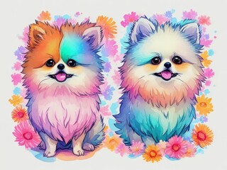 Fototapeta premium Pomeranian with colorful flower painted in watercolor on a white background.generative AI
