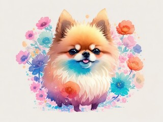 Pomeranian with colorful flower painted in watercolor on a white background.generative AI