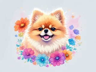 Fototapeta na wymiar Pomeranian with colorful flower painted in watercolor on a white background.generative AI